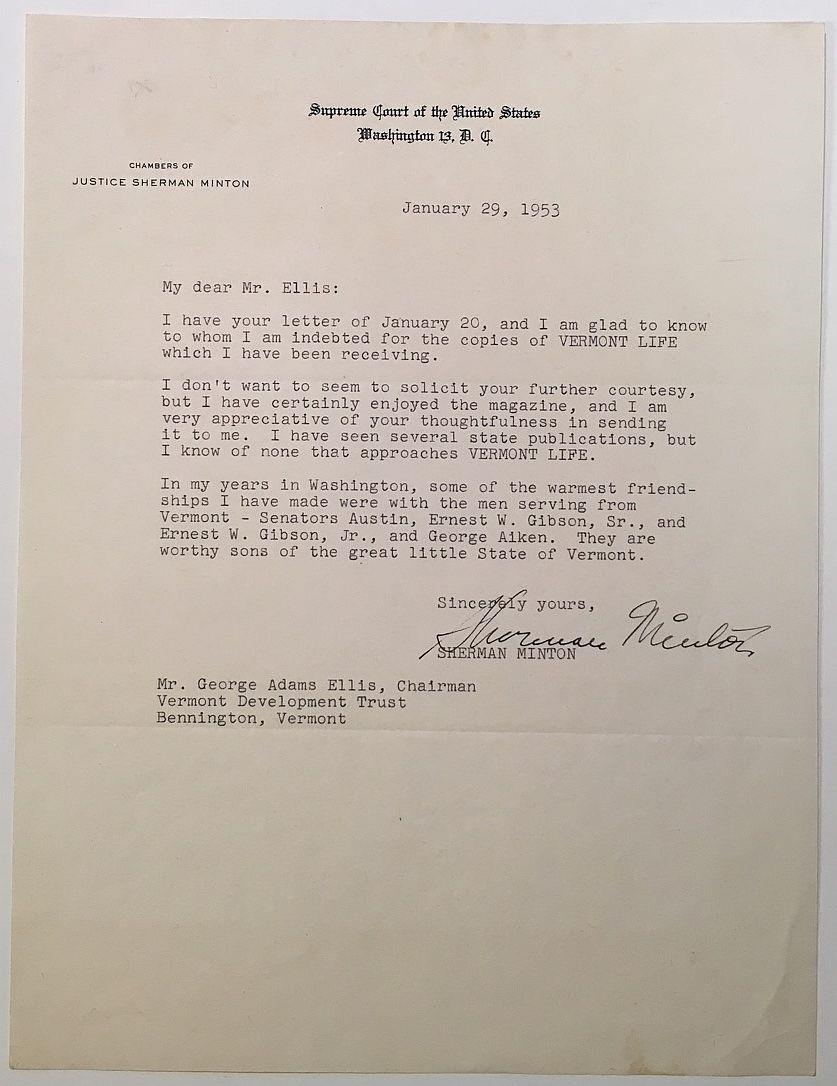 Typed Letter Signed on Supreme Court letterhead by MINTON, Sherman