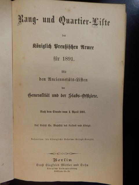 Rang und QuartierListe der Königlich Preußischen Armee für 1891 von