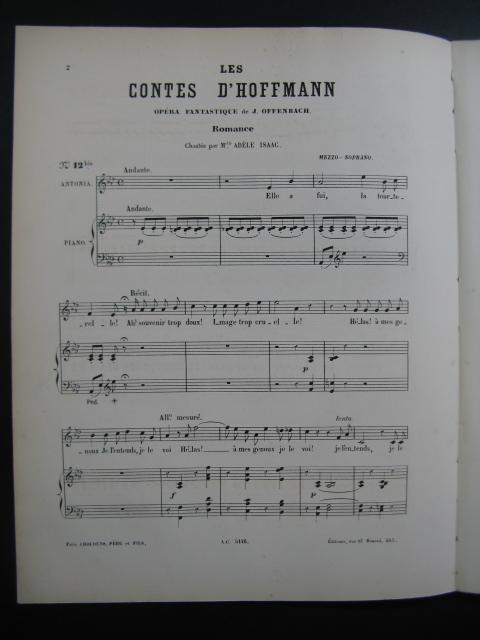 OFFENBACH Jacques Les Contes d'Hoffmann No. 12 bis Chant Piano ca1880 ...
