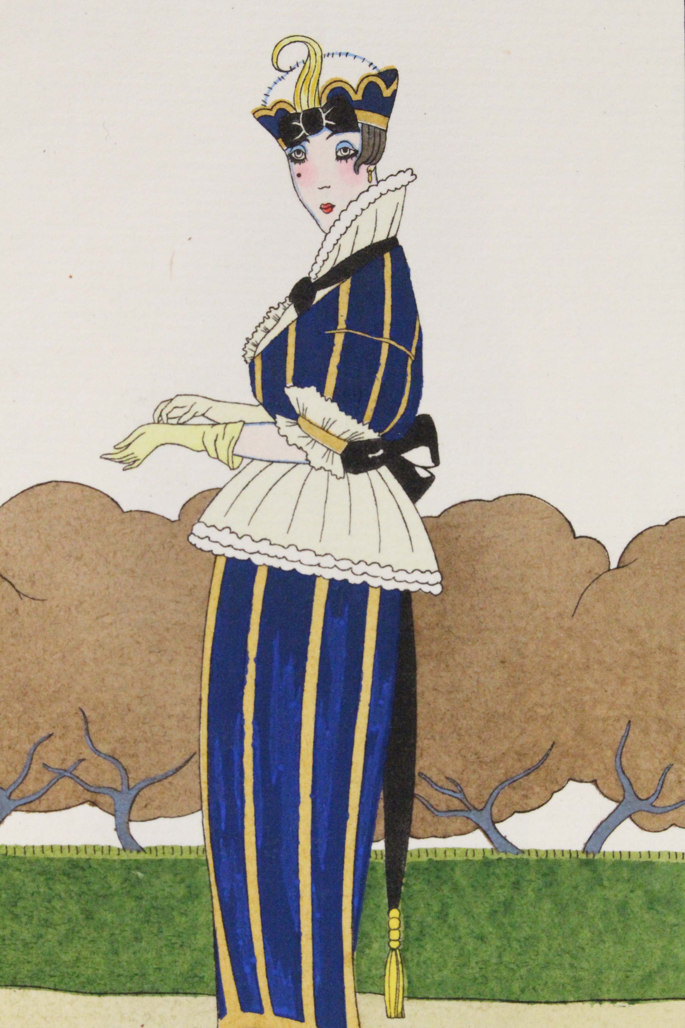 Costumes parisiens. Robe de satin pékiné à volants de nansouk (pl.138, Journal des Dames et des Modes, 1914 n°61) STEFAN André [ ]