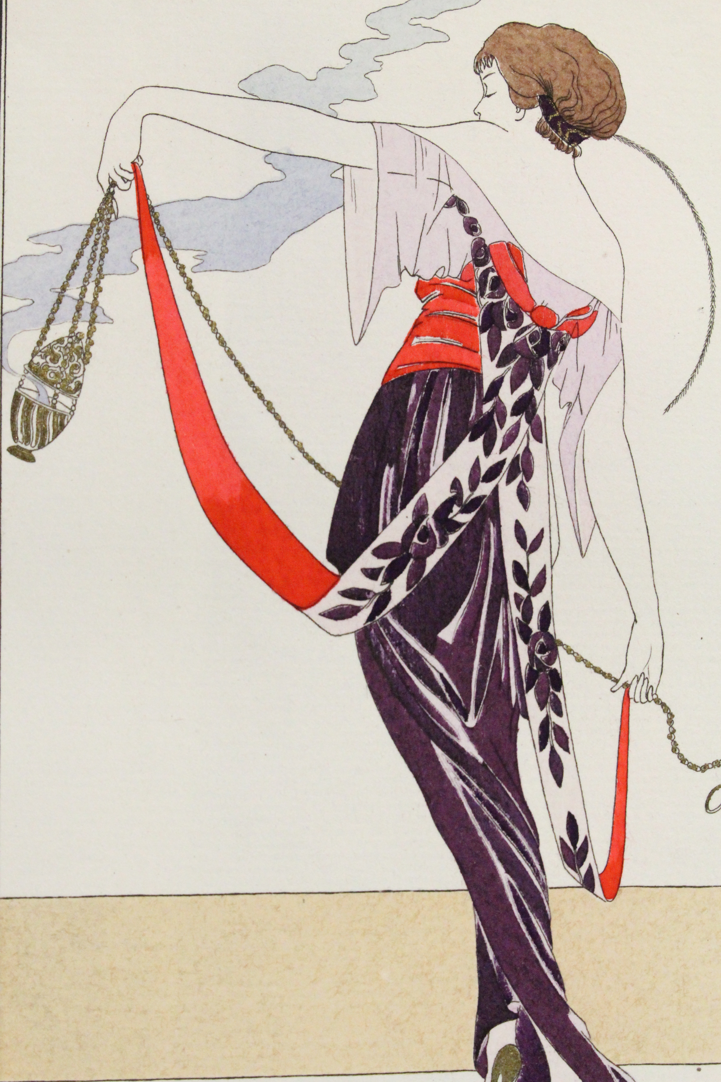 Costumes parisiens. Robe de satin violet à ceinture pourpre et ornée d'un grand ruban broché de fleurs de velours (pl.106, Journal des Dames et des M