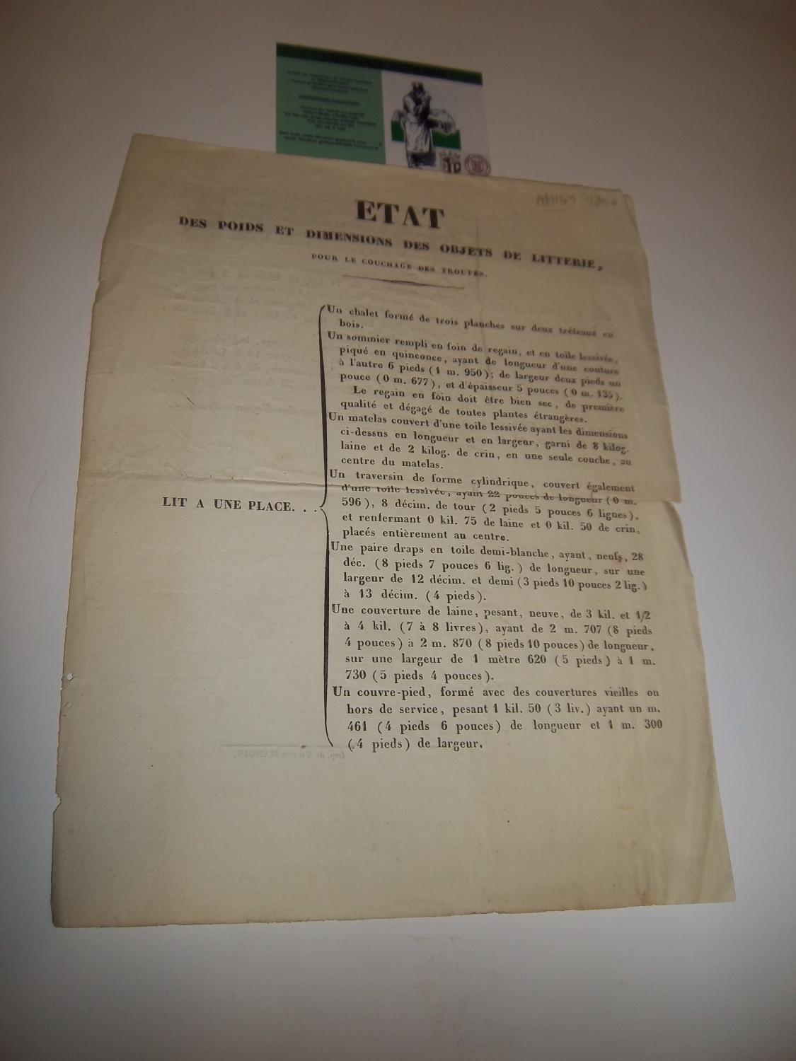 ETAT DES POIDS ET DIMENSIONS DES OBJETS DE LITTERIE POUR LE COUCHAGE DES TROUPES (1800) (NANTES)CASERNE DE LA VISITATION [ ]