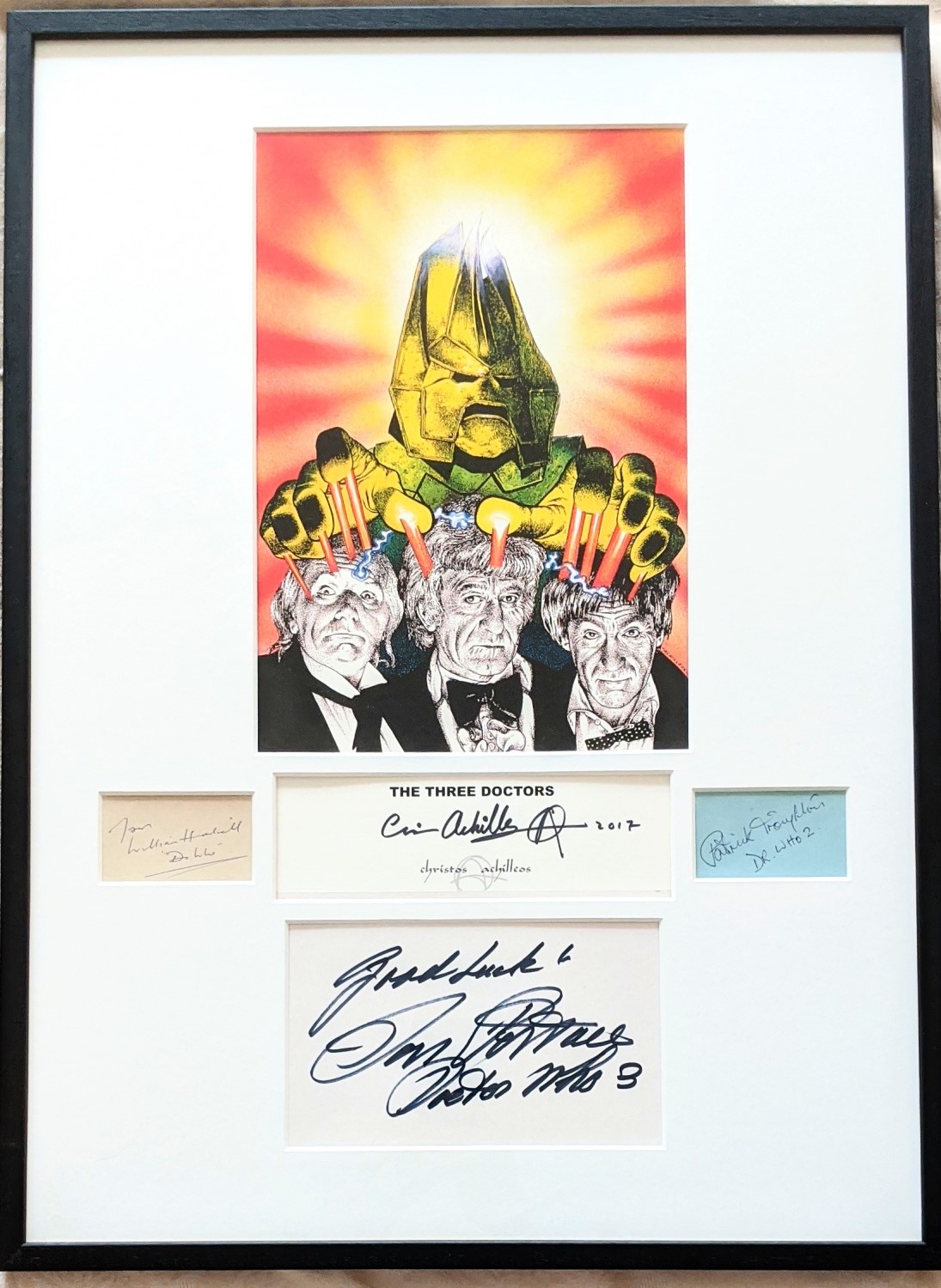 William Hartnell Patrick Troughton Jon Pertwee Autograph Doctor Who Framed Artwork Signed Christos Archilleos Target Book The Three Doctors Fine No Binding 2017 1st Edition Signed By Illustrator S Brought To Book