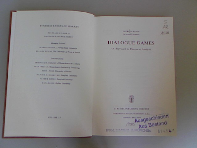 Dialogue Games: An Approach to Discourse Analysis (Studies in Linguistics and Philosophy). - Carlson, L.