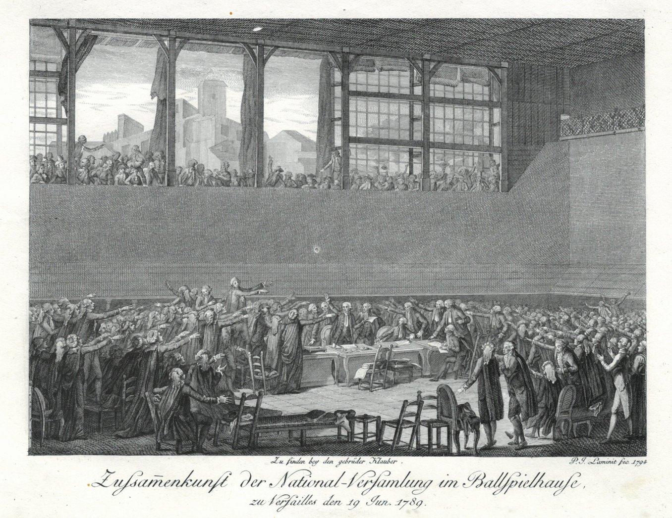 Franzosische Revolution Zusammenkunft Der National Versammlung Im Ballspielhause Zu Versailles Den 19 Jun 1789 Da Der Konig Den Standen Den Sitzungssaal Im Schloss Kurzfristig Verweigert Hatte Versammelte Man Sich In Einer Sporthalle Der