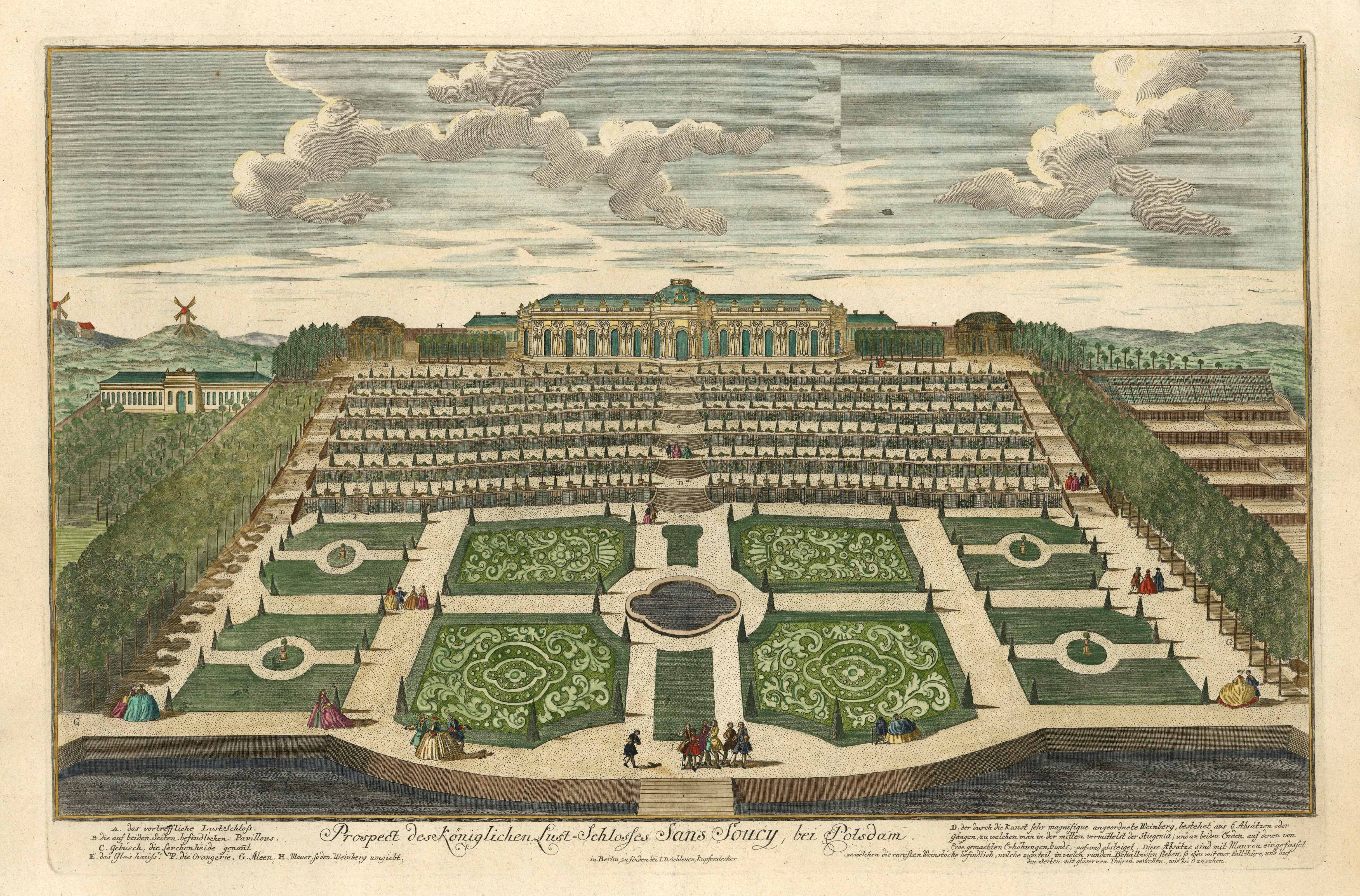 Schloß Sanssouci mit den Terassen und Gartenanlagen ('Prospect des