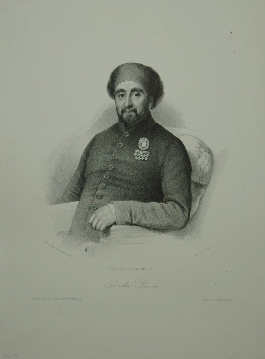 Mustafa Rsid Portrait. Halbfigur nach halblinks ineinem Polstersessel. Lithographie ...