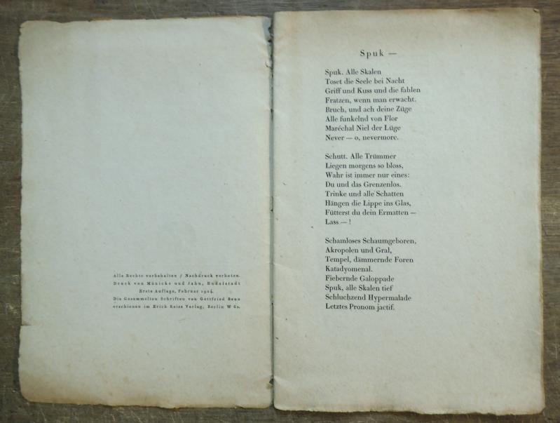 Schutt Enthalt Die Gedichte Spuk Rot Schwer Die Danin Ach Du Zerrinnender Chaos Nacht Und Die Welten Halten Lyrische Flugblatter 105 By Benn Gottfried Softcover 1924 Antiquariat Carl Wegner