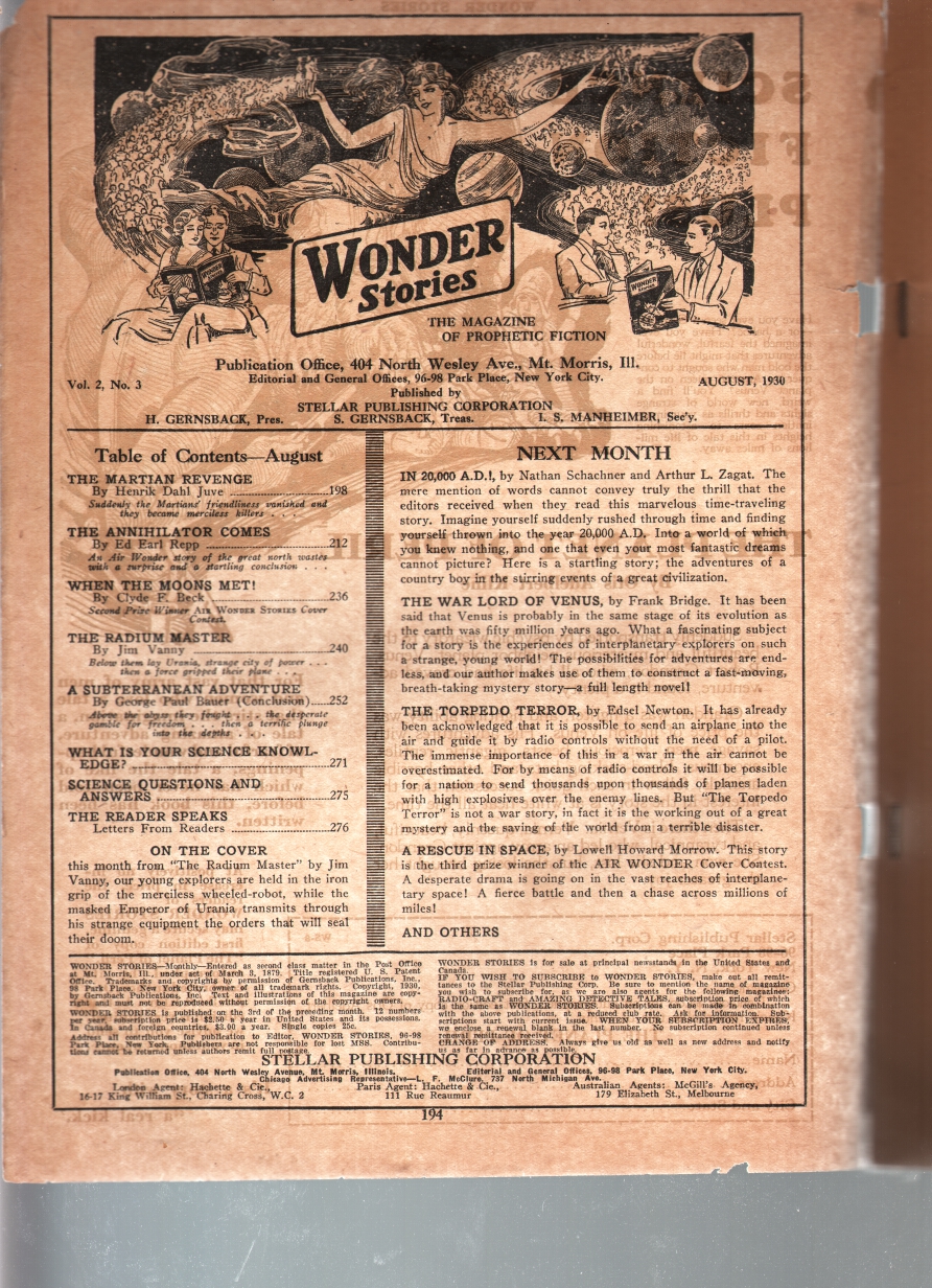 WONDER STORIES 1930 AUG-FUTURISTIC-BARGAIN-SCI FI PULP! FR: (1930