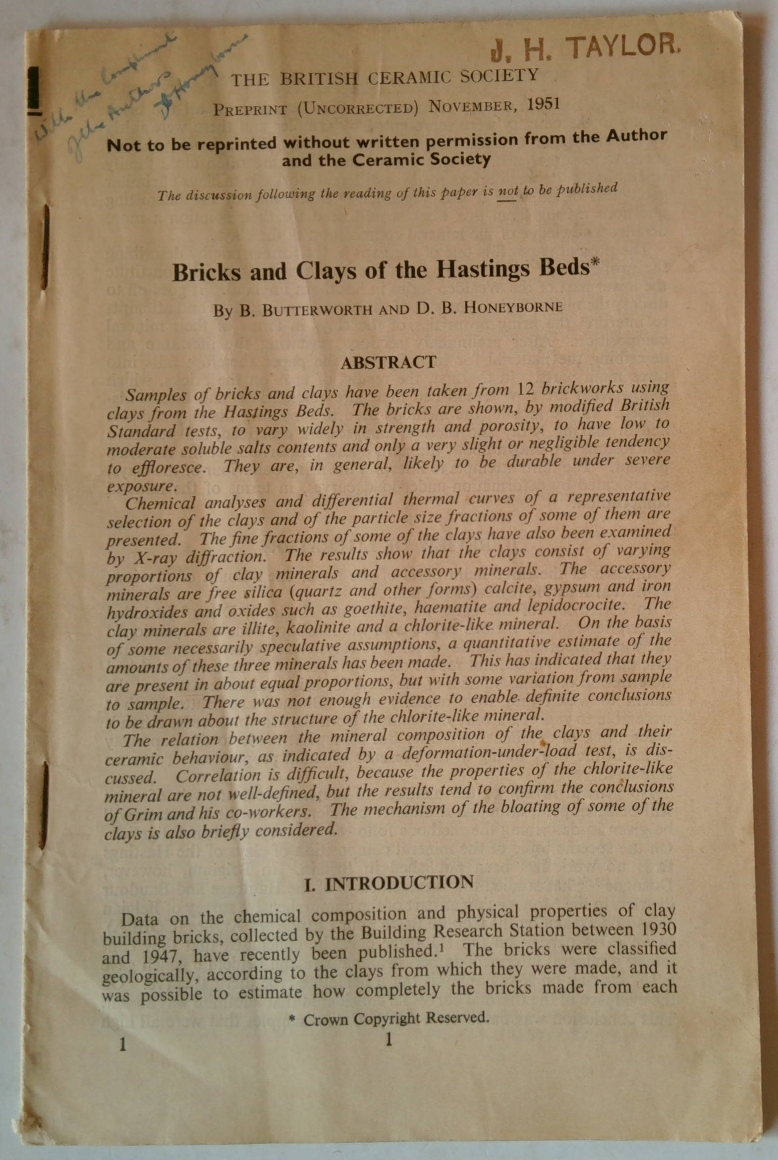 Bricks & Clays of The Hastings Beds | Preprint November 1951, The British Ceramic Society Honeyborne, B Butterworth & D B [Good]