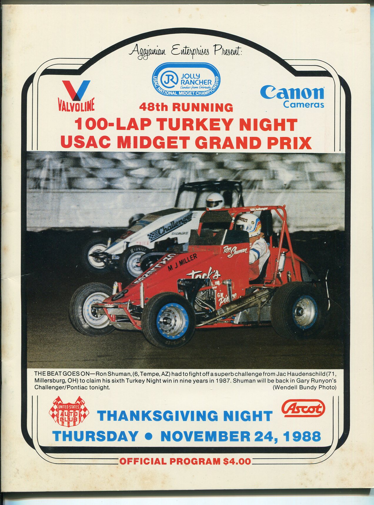 TURKEY NIGHT GRAND PRIX MIDGET AUTO RACE PROGRAM48TH1988USACASCOT