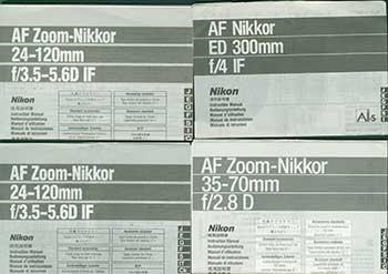 Nikon lens manuals for the AF Zoom-Nikkor 24-120mm f/3.5-5.6D IF, AF Nikkor ED 300mm f/4 IF, AF Zoom-Nikkor 35-70mm f/2.8 D, and AF Zoom-Nikon 24-120