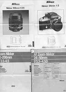 Nikon instruction manuals for Nikkor 105mm f/2.5, Nikkor 35mm f/2, AF Zoom-Nikkor 24-50mm f/3.3-4.5D and Zoom-Nikkot 35-200mm f/3.5-4.5 Nikon Corpora