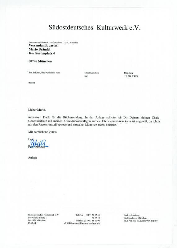 Ms. Brief mit eigenh. U. von Motzan, Peter, Literaturkritiker und