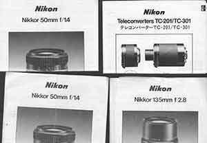 Instruction manuals for Nikkor 50mm f/1.4, Nikkor 135mm f/2.8 and