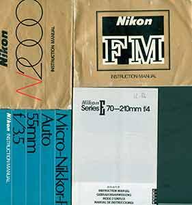 Nikon instruction manuals for Micro-Nikkor-P Auto 55mm f/3.5, FM, N2000, Series E 70-210mm f/4. Nikon Corporation (Tokyo). [Good] [Softcover]