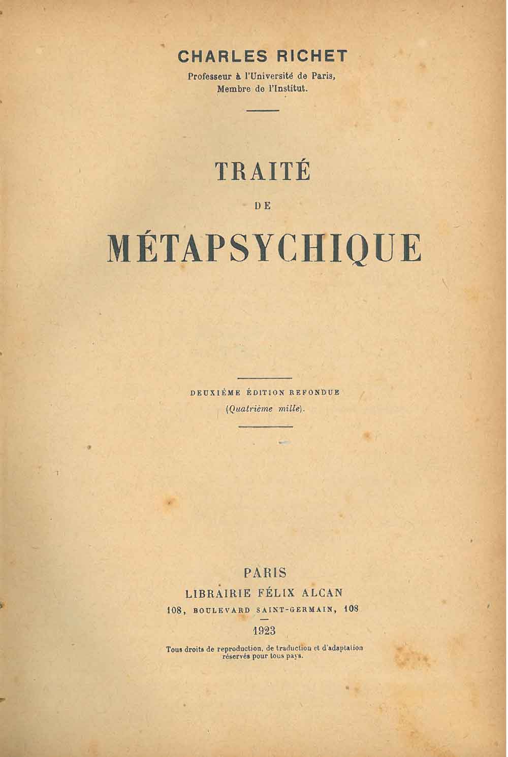 Abebooks Traité de métapsychique. Deuxième édition refondue