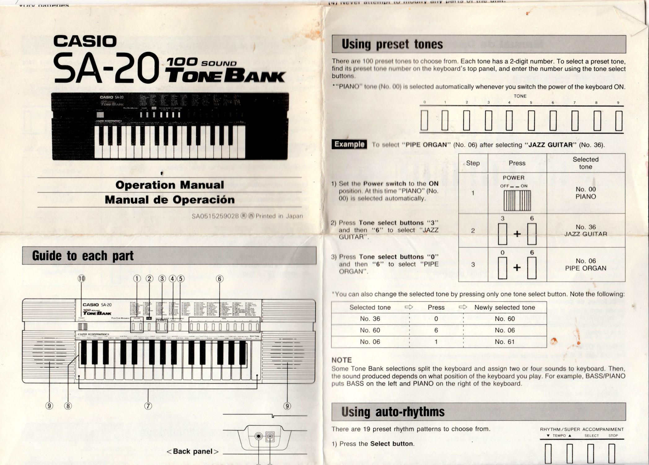 Operation Manual: SA-20 Sound Tone Bank by Casio: First Edition. | The Bookshop.