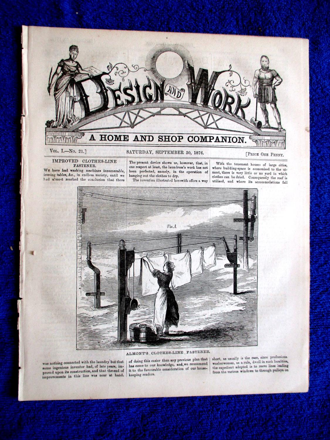 Design and Work. A Home and Shop Companion. Vol 1. No 21. 1876. Almont's Clothes-line Fastener. [Good]