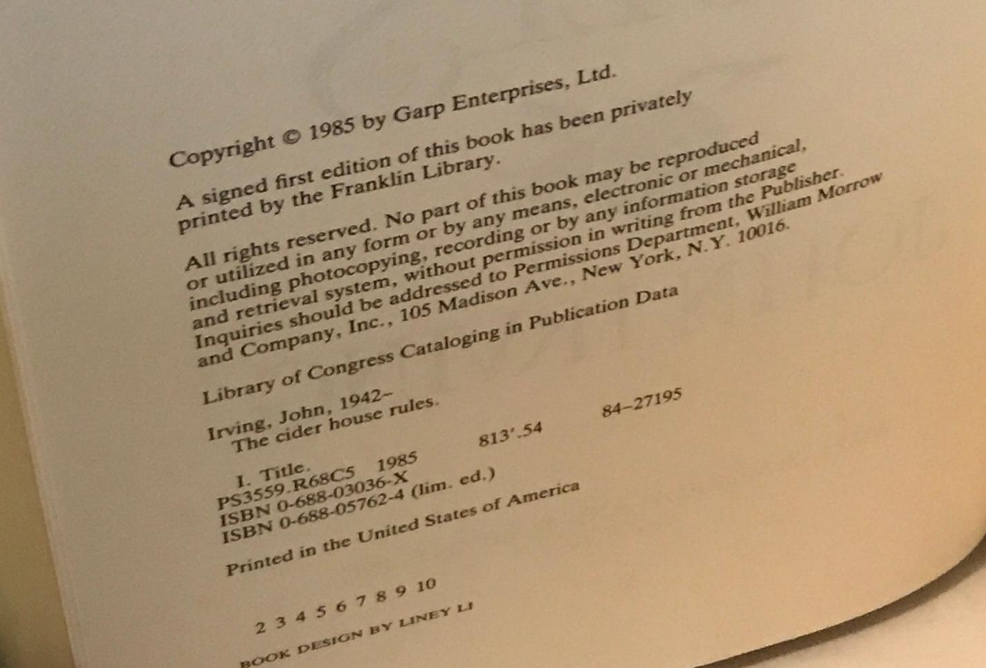 The Cider House Rules by John Irving: Near Fine Hardcover (1985) 1st