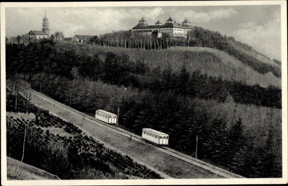 Ansichtskarte / Postkarte Augustusburg im Erzgebirge, Schloss mit Drahtseilbahn, Wald