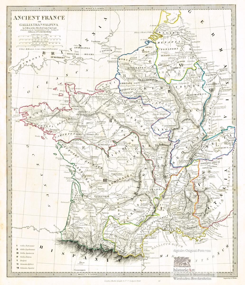 Ancient France or Gallia Transalpina. Große Landkarte der gallischen