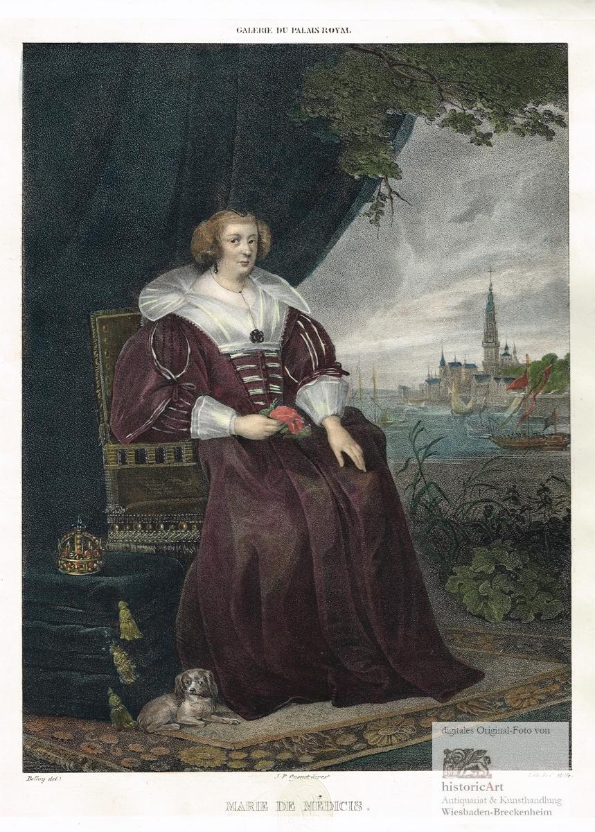 Marie de Médicis. Ganzfigur in einem Sessel sitzend, zu ihren Füßen Hündchen und Krone. Große altkolorierte Lithographie von Motte nach einem Gemälde