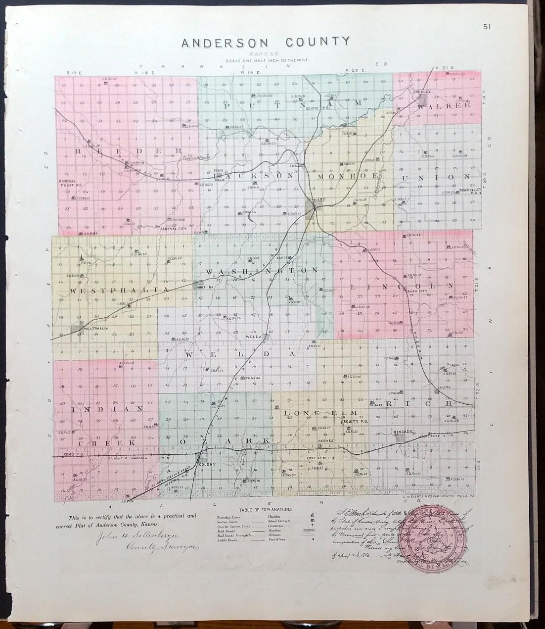 [Map] Anderson County, Kansas [backed with] Colony, Mont Ida, Welda, Kincade, Westphalia, & Greeley (of Anderson Co.) [Very Good]