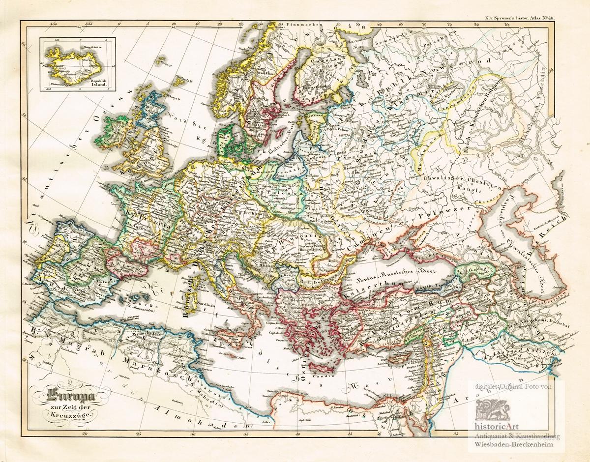 Europa Zur Zeit Der Kreuzzuge Grosse Landkarte Europas Von Norwegen Und Finnland Im Norden Bis Marakasch Und Arabien Im Suden Altkolorierter Stahlstich Von Carl Poppey Bei Perthes 1846 De Karl Spruner Von