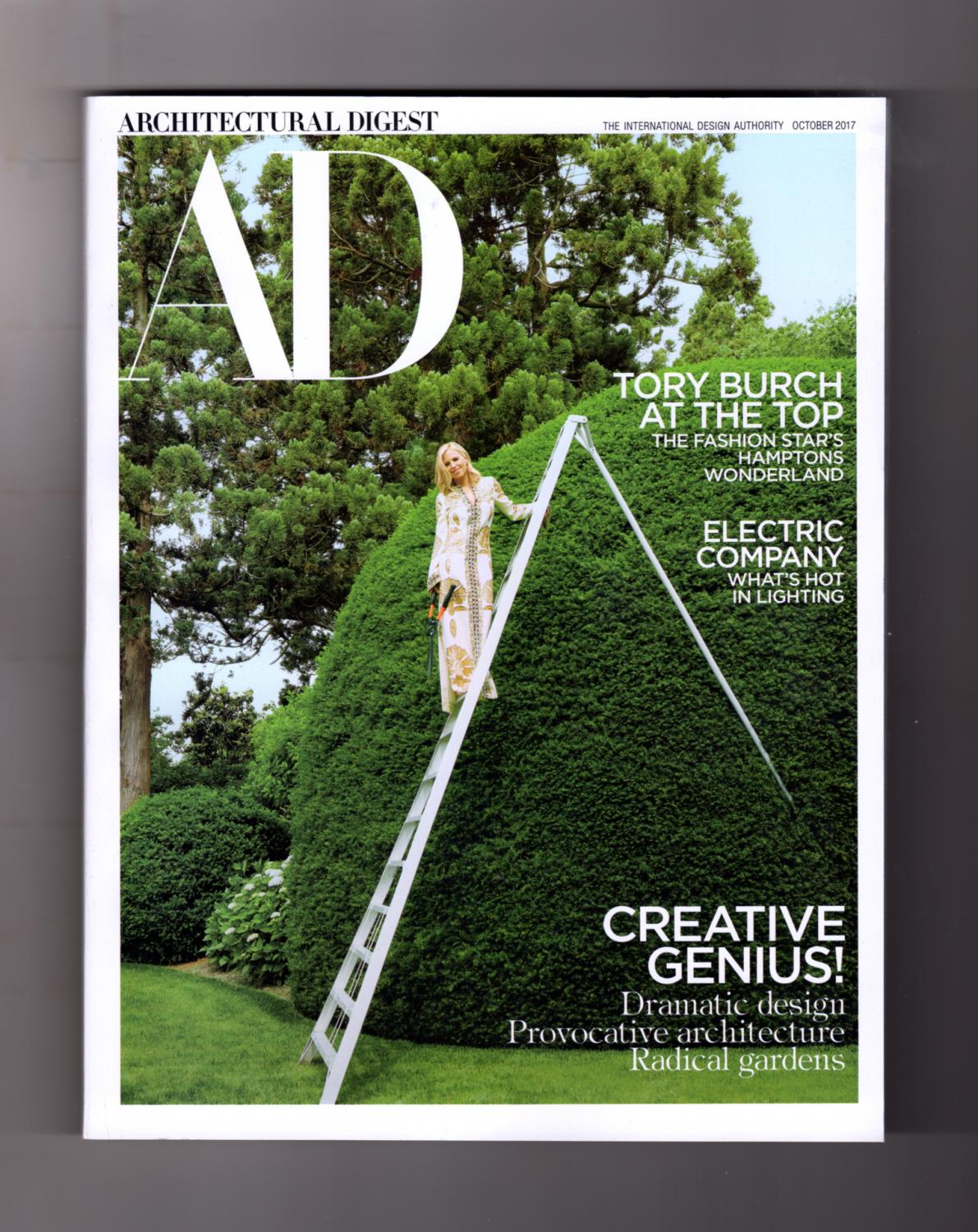 Architectural Digest - October, 2017. Tory Burch - Westerly Wonderland; Hot  Lighting; Radical Gardens; Renzo Mongiardino; Reed & Delphine Krakoff;  Wiener Werkstätte; Berkley, CA Historic Rehab; India Mondavi; Fernando  Mastrangelo; Marc Hundley;