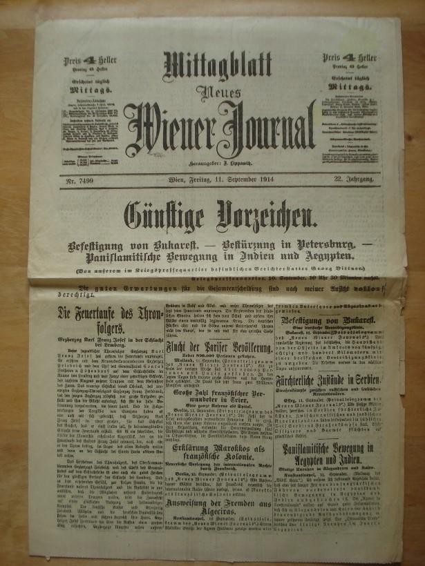 Mittagsblatt Neues Wiener Journal Wien Freitag Den 11 September 1914 1914 Antiquariat Birgit Gerl