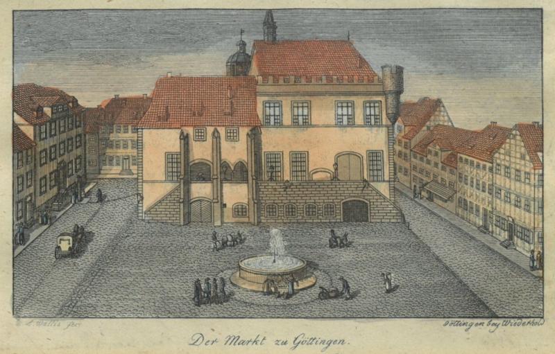 GÖTTINGEN. "Der Markt zu Göttingen". Blick zum Rathaus, davor Brunnen
