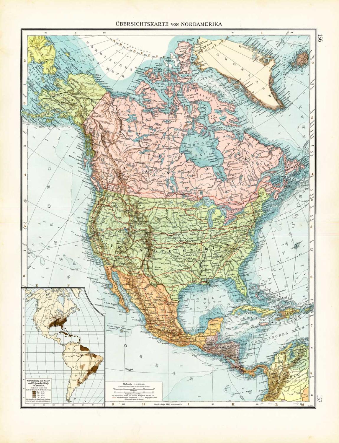 Antique Map-North America-Canada-Mexico-Usa-Black Population-Andree-1904:  Map | Theprintscollector