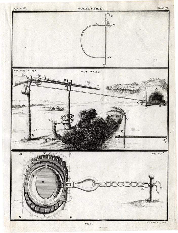 2 Antique Prints-CATCHING BIRDS-RIFLE-SHOTGUN-WOLF-FOX-NOOSE-Chomel-1743 [ ]