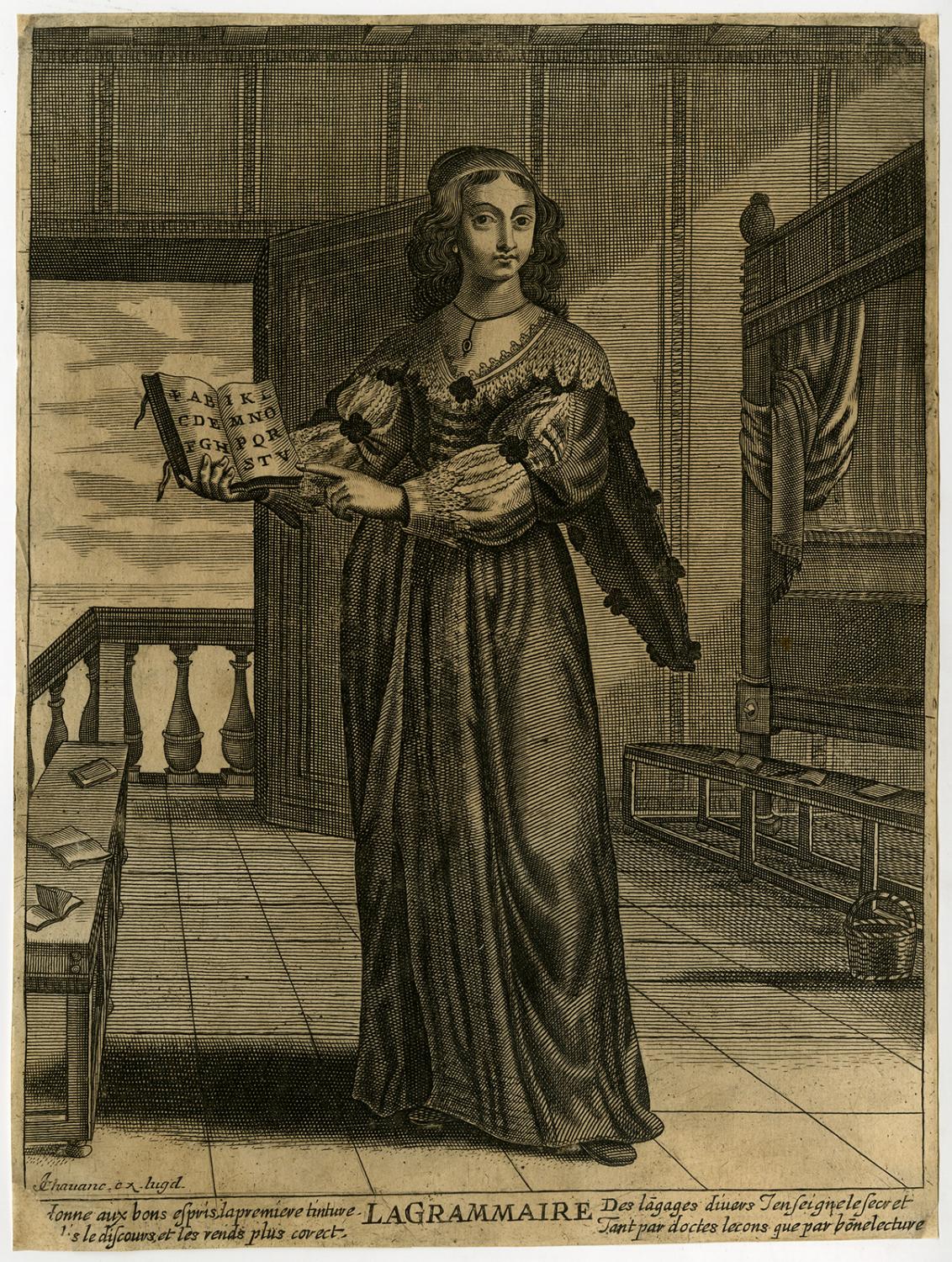 Rare antique master print allegory grammar alphabet chavane ca 1675