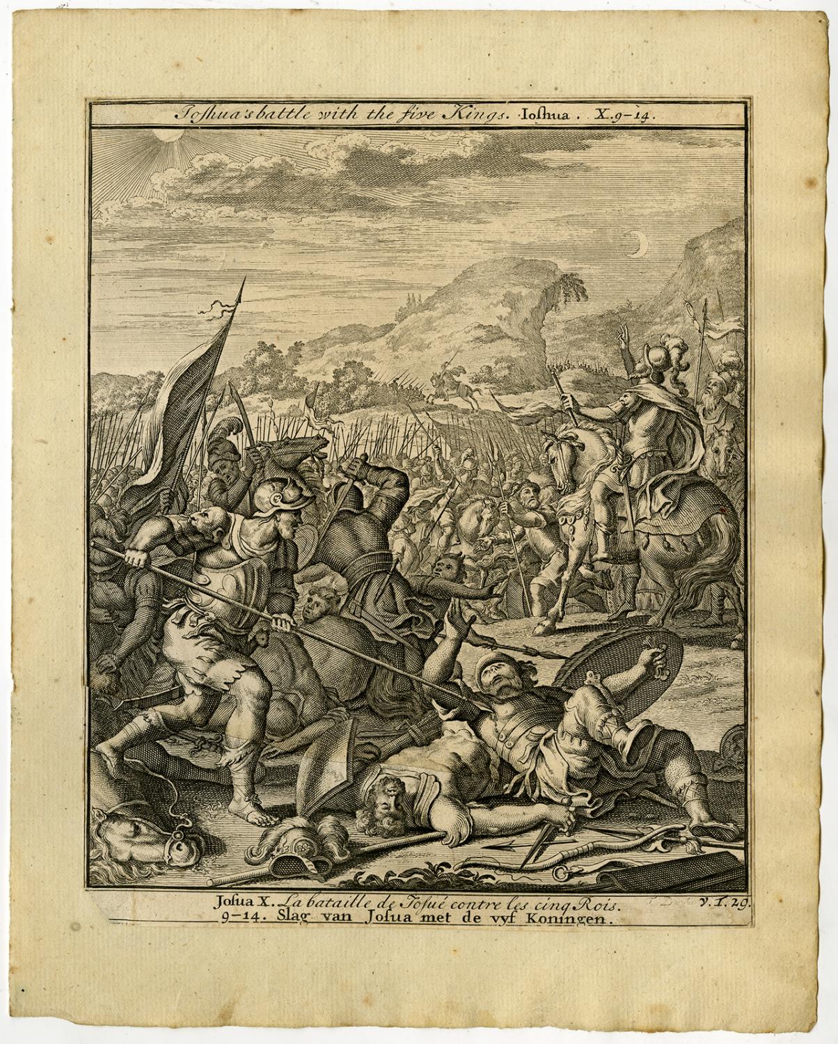 Antique Print-JOSHUA-BATTLE-FIVE KINGS-AMORITES-V.T. 29-Scheits-1754:  Art / Print / Poster