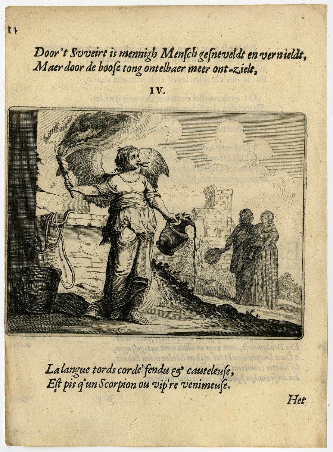 Antique Print-FORKED TONGUE-EMBLEM-FIRE-WATER-ANGELIC FEMALE-4-Savery-Veen-1642 [ ]