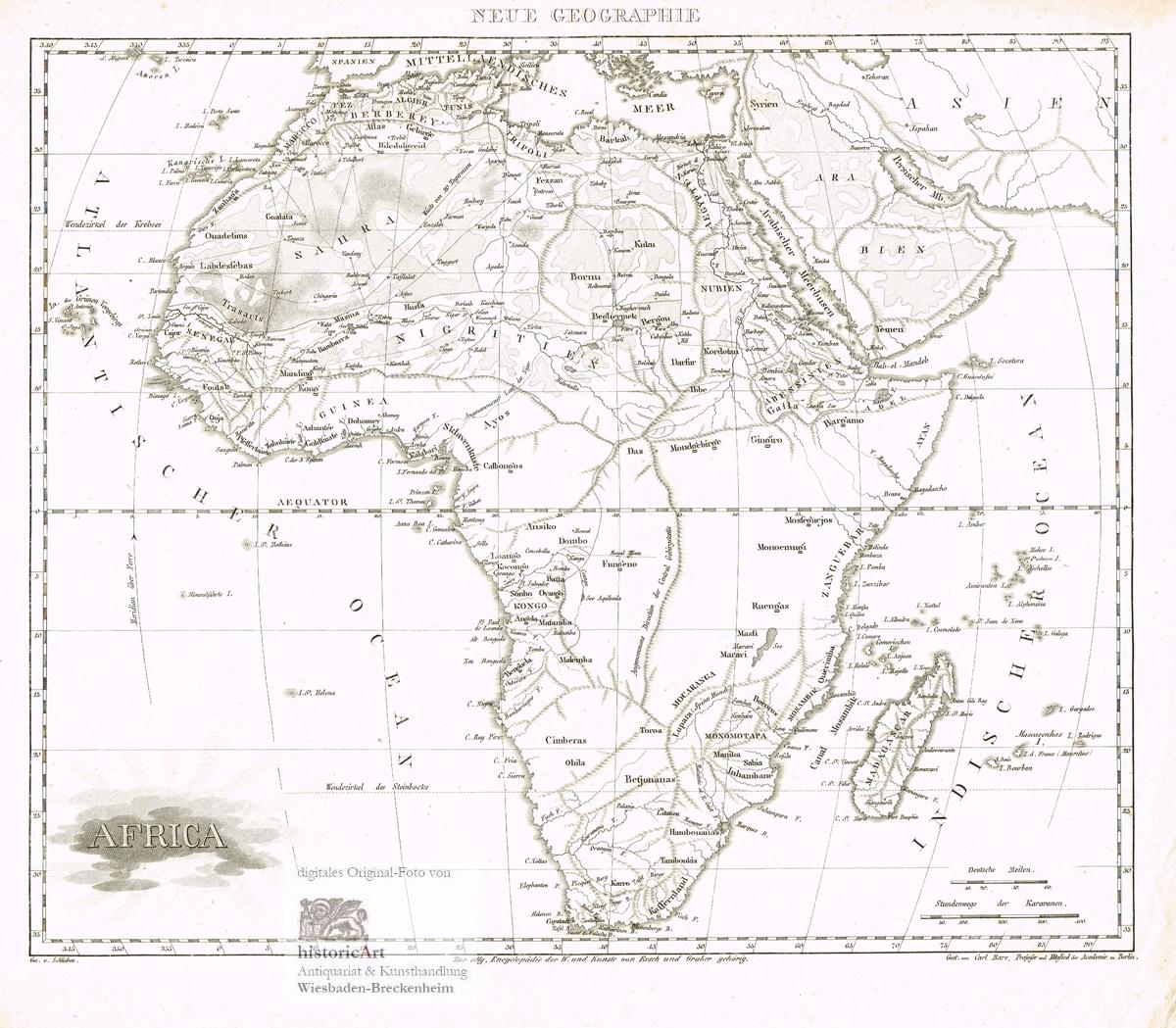 Africa. Karte des afrikanischen Kontinents mit den bis dahin besiedelten Gebieten vom Mittelmeer 