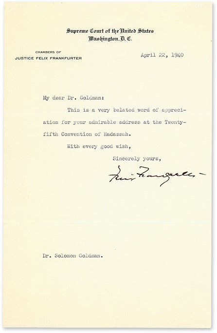 Two Typed Letters Signed On U S Supreme Court Letterhead 1940 41 Von Mcript Frankfurter Felix Goldman Soloman By Author The Lawbook Exchange Ltd Abaa Ilab Two Typed Letters Signed On U S