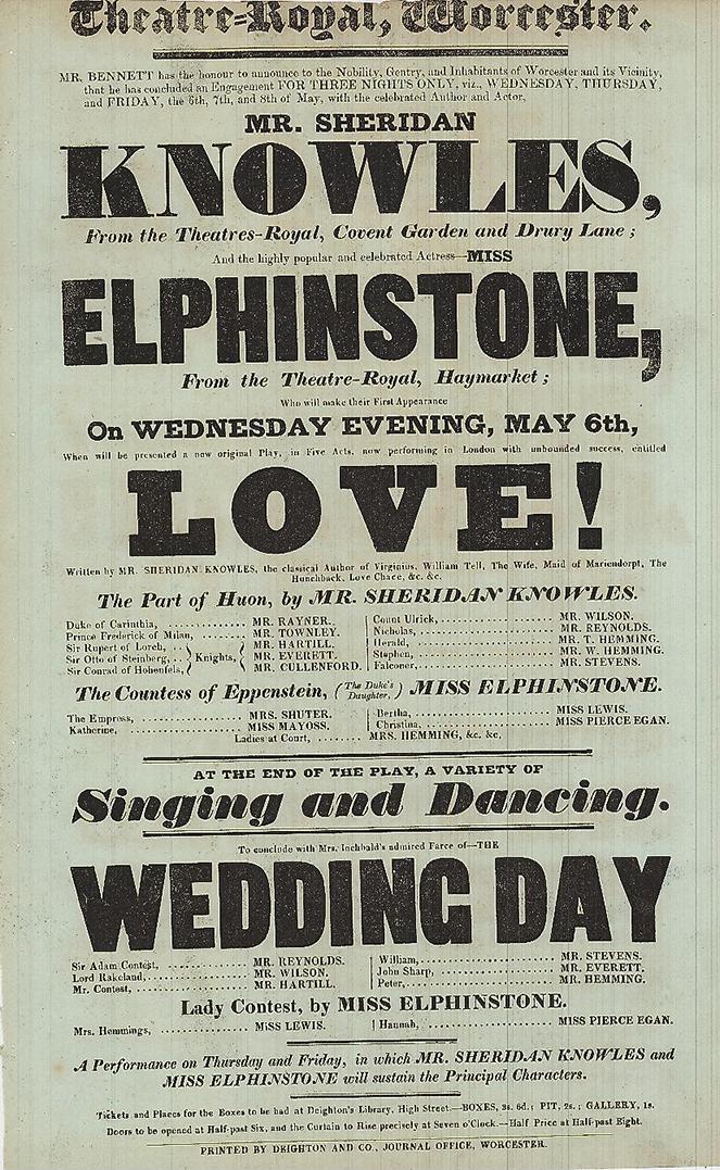 THEATRE PLAYBILL Theatre Royal, Worcester. Mr. Sheridan Knowles from