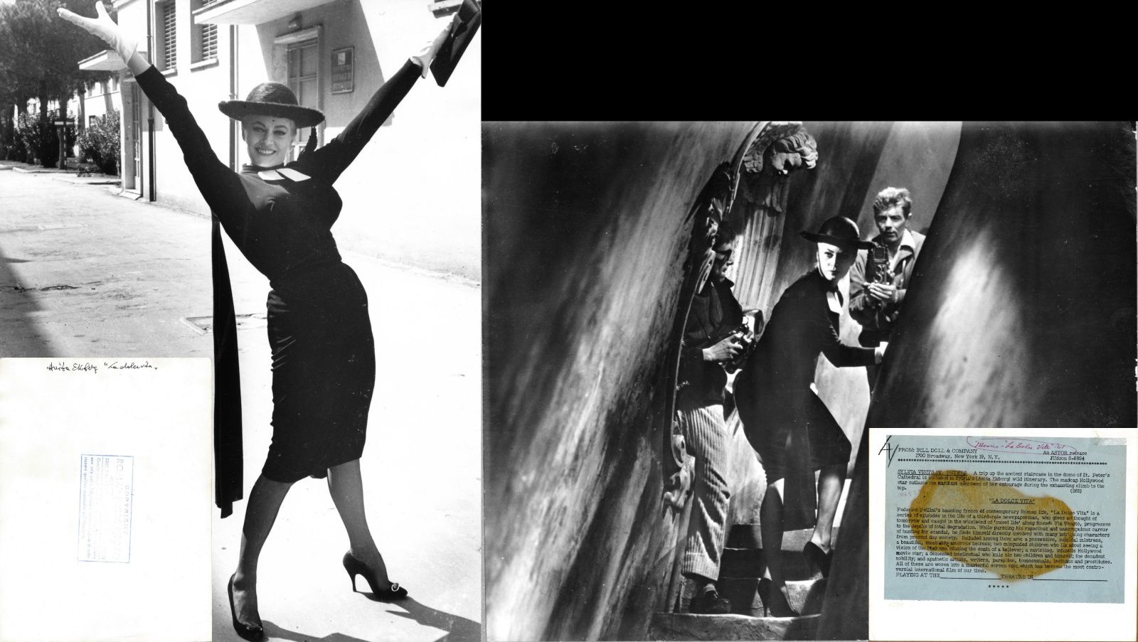 Anita Ekberg in heels, dress & clutch on the set of "La Dolce Vita" (2 Original press photographs, 1960-61) [Ekberg, Anita] [Very Good]
