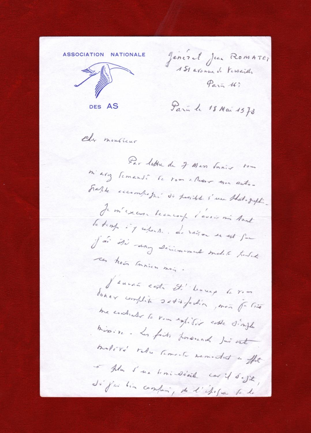 Lieutenant (later General) Jean Charles Romatet, French World War I Fighter Ace Autograph