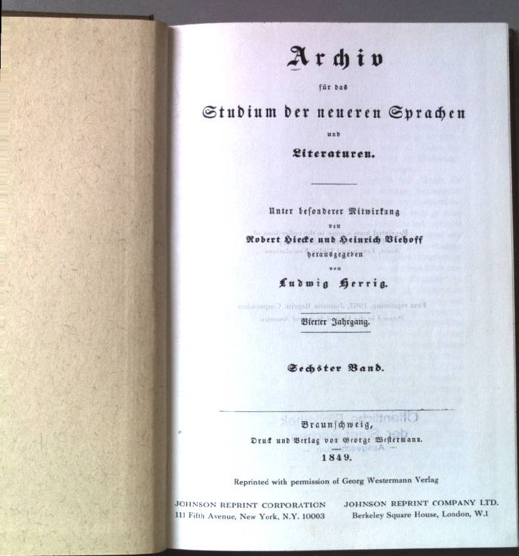 Archiv für das Studium der neueren Sprachen und Literaturen. BAND 6. - Hiecke, Robert, Heinrich Viehoff und Ludwig Herrig