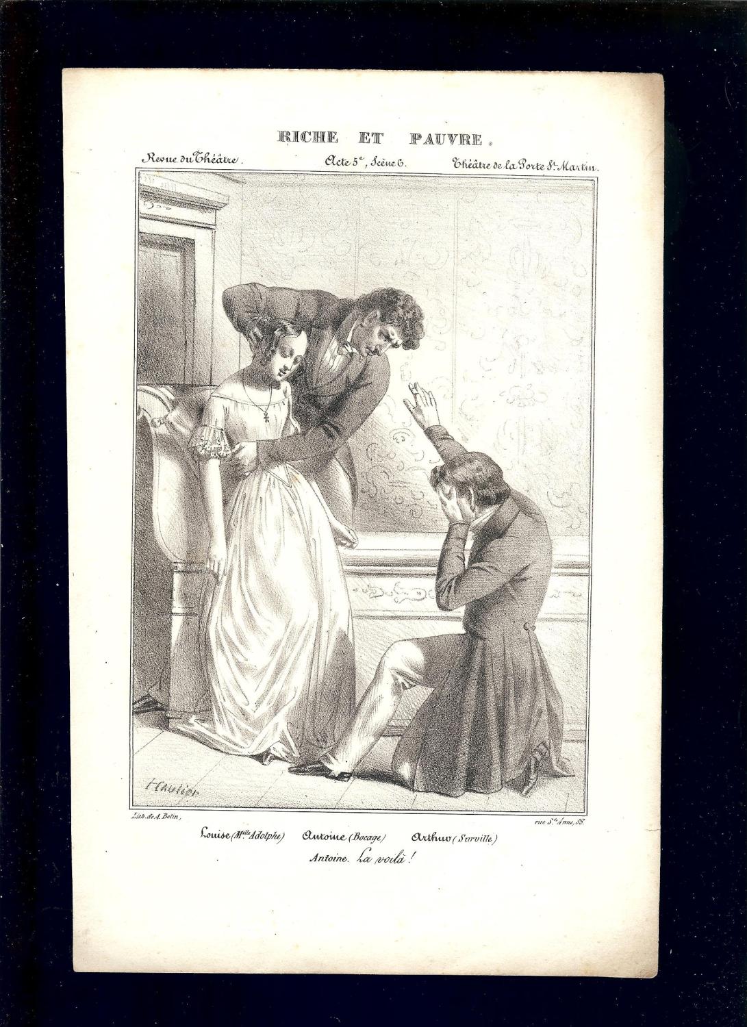 .UNE GRAVURE Vers 1837 THEATRE de la PORTE SANT-MARTIN - LE RICHE ET LE PAUVRE , Drame en 5 actes de Emile SOUVESTRE . . EXTRAIT de " REVUE du THÈATR
