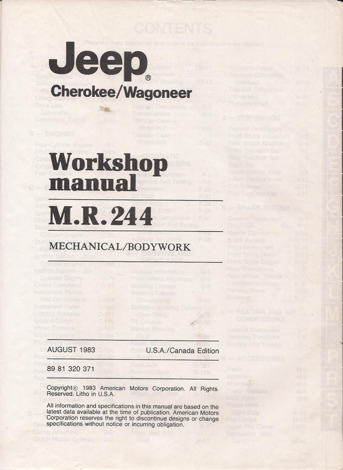 Jeep Cherokee/Wagoneer Manual M.R. 244 by American Motors