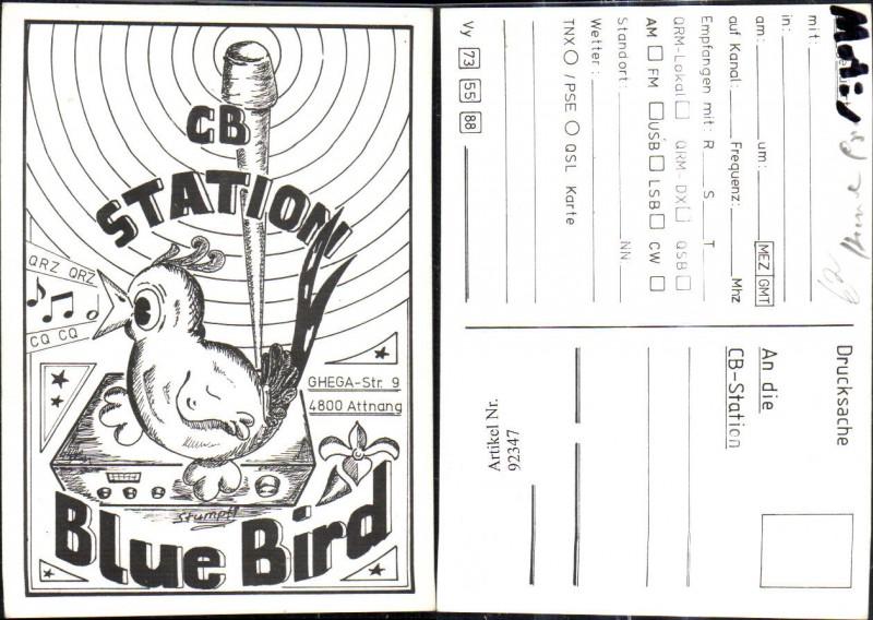 92347,QSL CB Karte Attnang Blue Bird Vogel sign Stumpfi: Manuscript