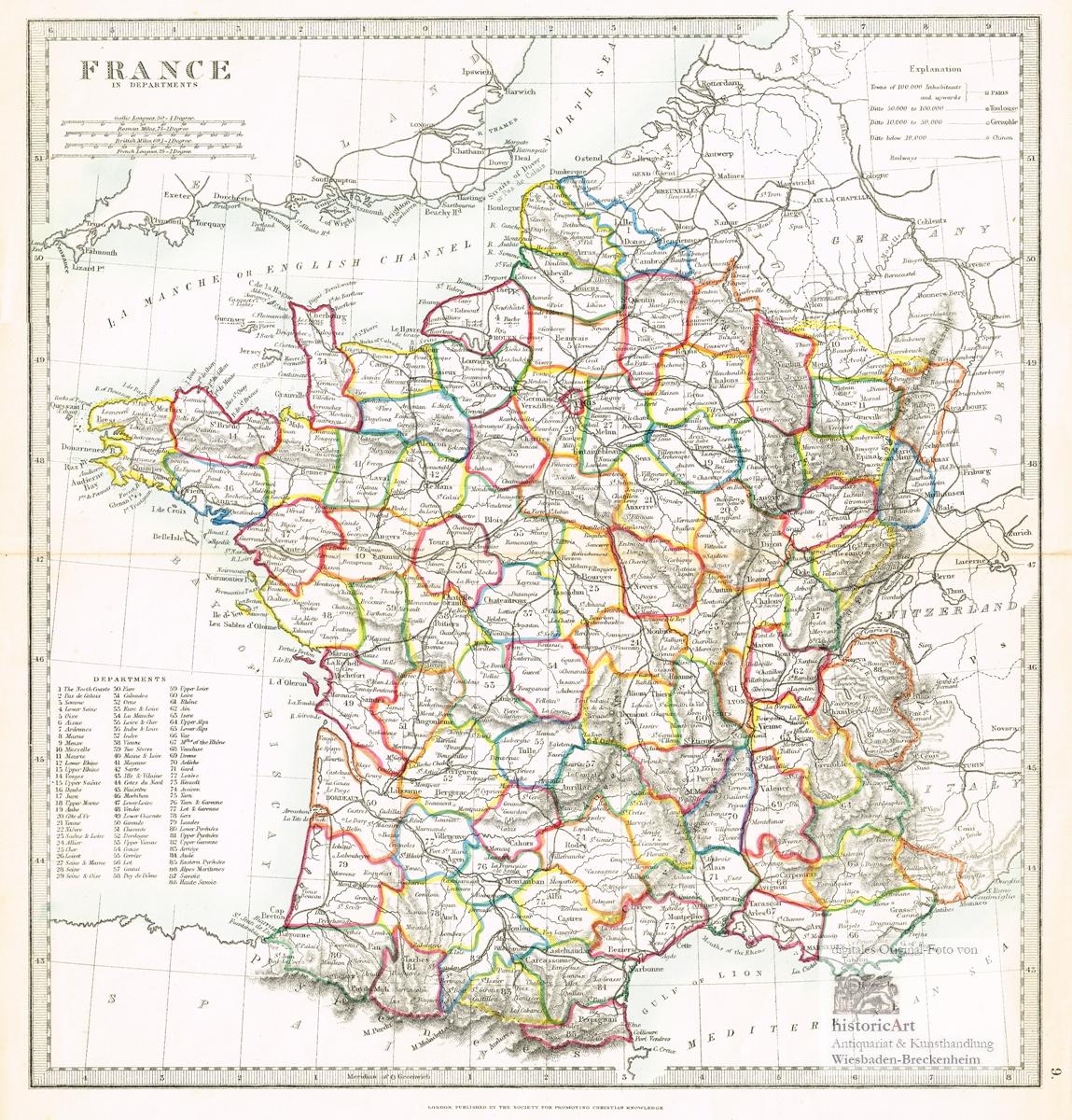 France In Departments Landkarte Von Frankreich Zwischen Armelkanal Pyrenaen Und Mittelmeer Mit Allen Separat Kolorierten Departments Stahlstich Der Society For Promoting Christian Knowledge Um 1850 Von Anonymus 1860 1 Karte Historicart