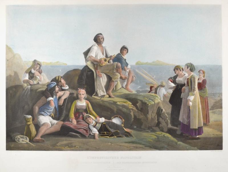 Neapel Tracht L Improvisateur Napolitain Der Neapolitanische Imporvisator Felsige Kuste Mit Mehreren Frauen Manner Und Kinder In Tracht Die Um Einen Sanger Mit Gitarre Stehen Der Auf Einem Felsen Sitzt Art Nbsp Nbsp Print Nbsp Nbsp Poster