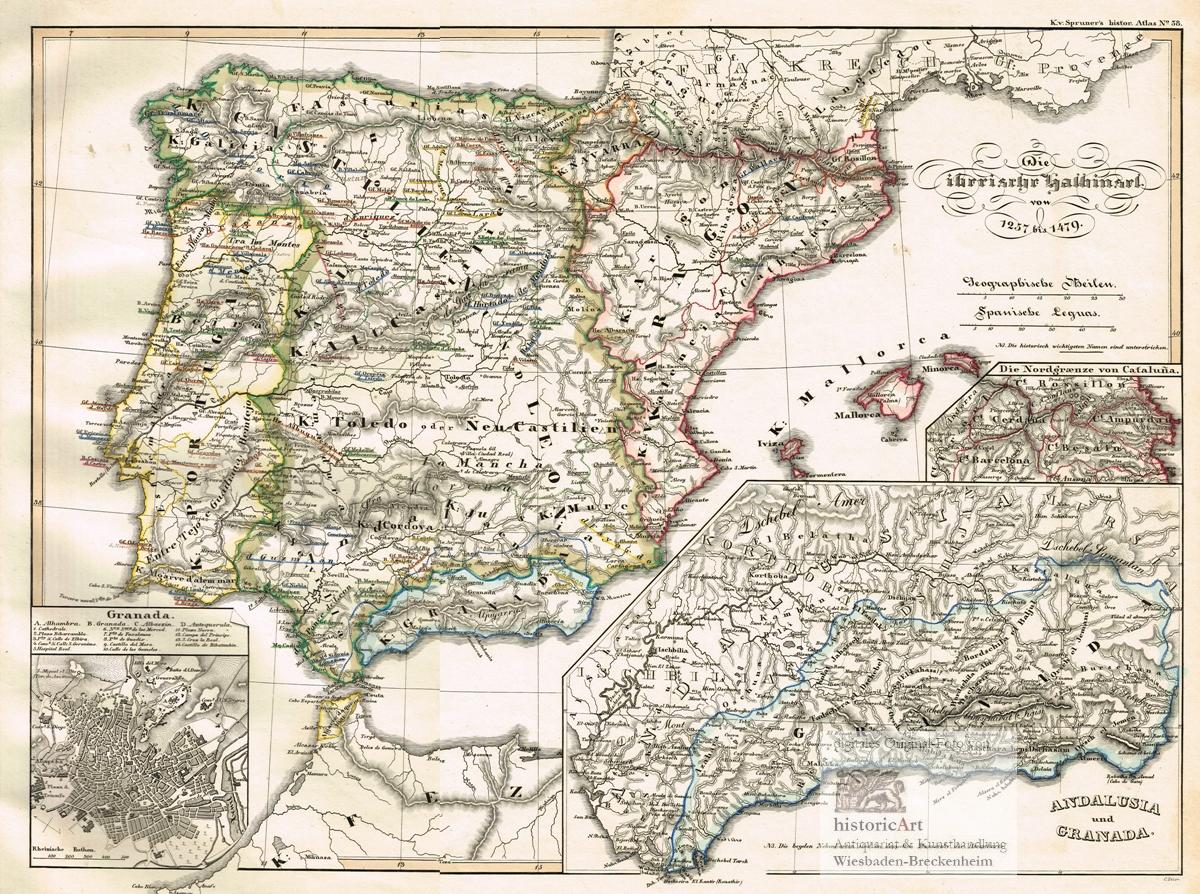 Die Iberische Halbinsel von 1257 bis 1497. Landkarte von Spanien und Portugal mit kleinen 