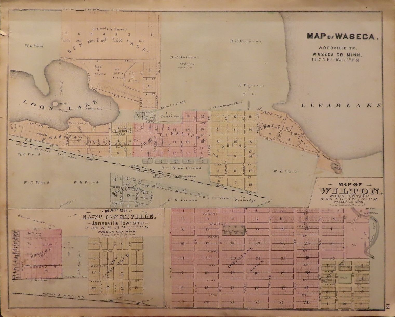Map of Waseca County 1874 by A.T. Andreas Very Good Paper (1874) First